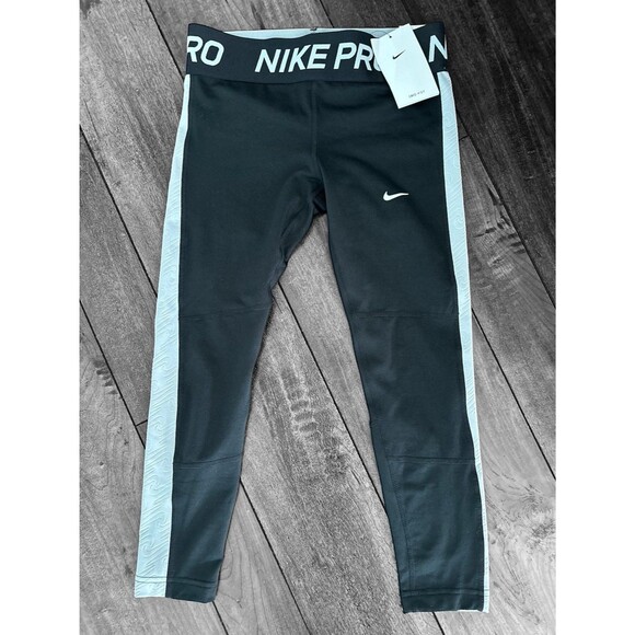 NIKE Pro Dri-Fit Girls Black Gray Mid-Rise Crop Legging Tight Fit Size S + NEW - Picture 2 of 10